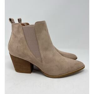 Beast Fashion James II Heeled Taupe Faux Suede Slip On Almond Toe Ankle Boot